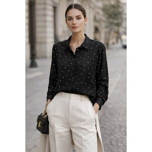 Perch Blu Pepper Button Down Blouse‎ Black White Polka Dot Sz 3XL Quiet Luxury